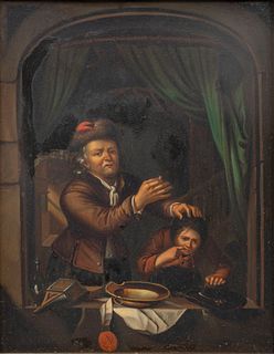 After Gerrit Dou (Dutch, 1613-1675) Oil on Tin, Ca. 19th C., "The Dentist", H 10" W 8.5"