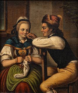 German School Oil on Canvas 19th C., "Courtship", H 8.5" W 7"
