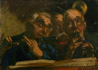 Eugen Hettich (German, 1848-1888) Oil on Canvas Ca. 1860, "Musicians", H 9" W 12"