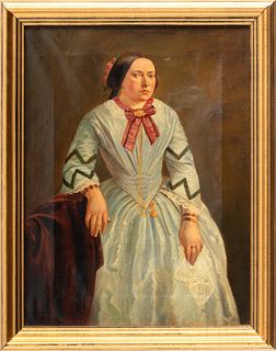 19th Century Oil on Canvas, 1858, "Portrait of a Young Lady with Handkerchief", H 17.5" W 13"