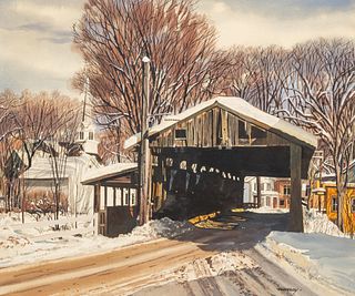 Murray, Watercolor on Paper, Ca. 20th C., "Covered Bridge in Winter", H 19" W 23.25"