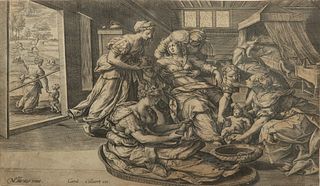 Carolus (Carel) Collaert (Flemish) Copper Engraving on Paper, "Geboorte Van De Zoon Van De Sunnemitische Vrouw", H 7.75" W 11"