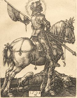 After Albrecht Durer (German, 1471-1528) Heliogravure on Laid Paper "Saint George on Horseback", H 5" W 3.75"