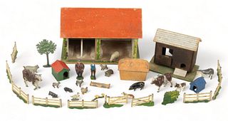 English Painted Lead & Wood Farm Toy Set, Ca. 1900, H 5.5" W 5" L 9" 37 pcs