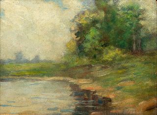 Joseph Gies (Amer., 1860-35) Oil on Board, "Michigan River Landscape", H 8.5" W 12"
