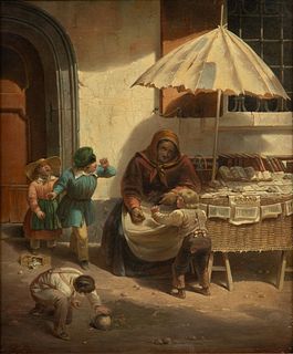 Friedrich Sturm (Austrian, 1822-1898) Oil on Canvas 19th C., "The Bookseller", H 12" W 10"