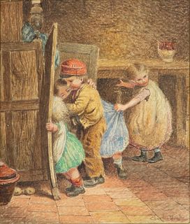 Charles Day Hunt (RI) (British, 1803-1877) Watercolor on Paper Ca. 1850, "Hide And Seek", H 8" W 7"