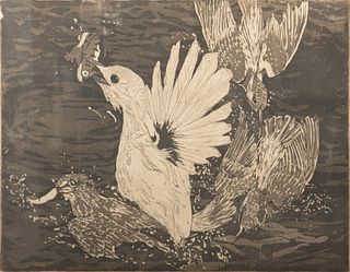 Woodcut on Paper, "Seagull Catching a Fish", H 10.75" W 13.75"