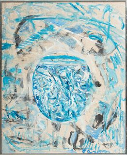 Jack Faxon (American, 1936-2020) Acrylic on Masonite "Mystery in Blue", H 30" W 24"