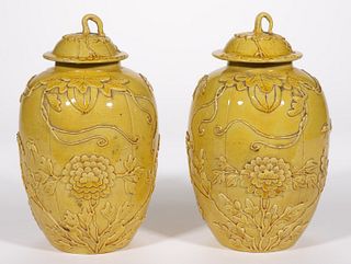CHINESE PORCELAIN YELLOW-GLAZED PAIR OF COVERED JARS