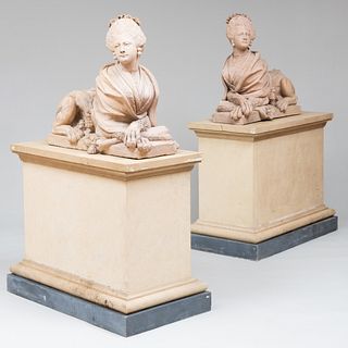 Pair of French Terracotta Figures of Madame de Pompadour as a Sphinx