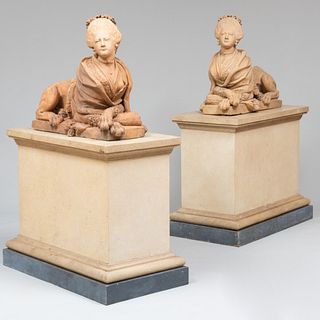 Pair of French Terracotta Figures of Madame de Pompadour as a Sphinx
