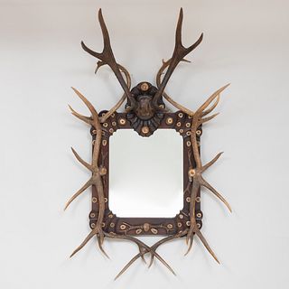 German Stained Oak and Antler Mirror