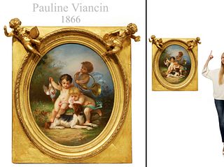 19th C. French Gilt Framed Oval Pastel Painting Of Cherubs, Pauline Viancin Signed