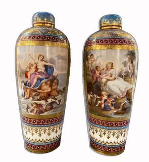 A Pair Of 19th C. Hand Painted Jeweled Royal Vienna Lidded Vases