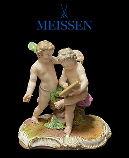 19th C. German Meissen Hand Painted Porcelain Figurine Group, Signed