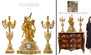 19th Century French Clodion Onyx Figural Bronze Clock Set, Signed