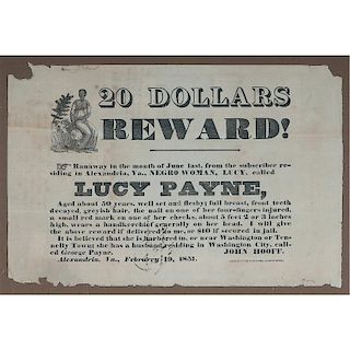 Female Runaway Slave, Illustrated Reward Broadside, Alexandria, Virginia, 1851