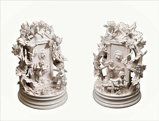 A Pair Of French Biscuit Porcelain Figurine Group Statues