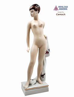 Standing Nude With Shawl, A Royal Dux Cernoch Designed Porcelain Figurine, Hallmarked