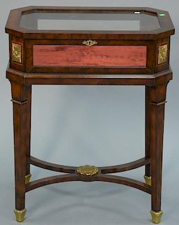Maitland Smith mahogany inlaid curio cabinet rectangular side table having lift top showcase over square tapered legs and str