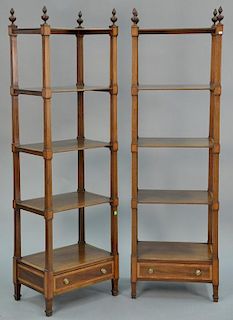 Pair of custom mahogany five tier Federal style shelves having banded and line inlay and one drawer. ht. 70in., wd. 21in., dp