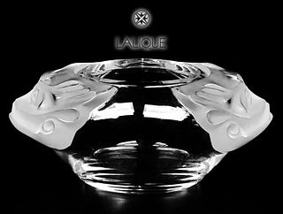 A Vintage French LALIQUE Fish Head Figural Frosted & Crystal Bowl Centerpiece, Signed