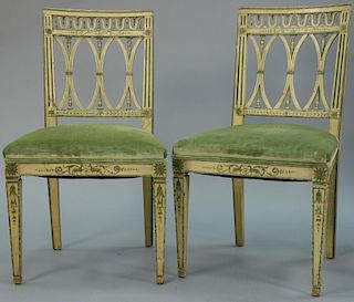 Pair of Louis XIV style paint decorated side chairs, green and white with green upholstered seat.
