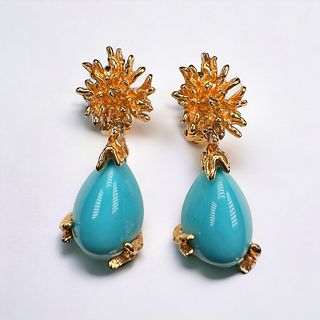 Pair of Vintage Faux Turquoise, Gold-Tone Ear Clips, Panetta
