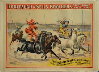 Three posters including Forepaugh and Sells Brothers Great Shows Consolidated original lithograph poster backed on canvas, Th