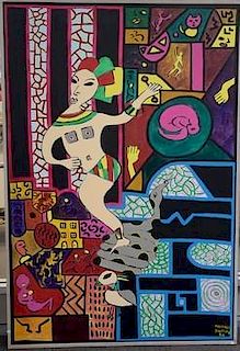 Manuela Dikoume (b. 1956) oil on canvas geometric abstraction of woman standing on a snake signed lower right Manuela Dikoume