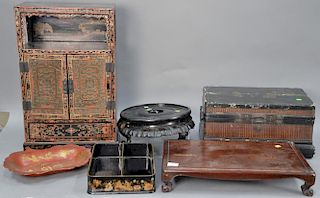 Six Chinese painted pieces including small cabinet, lift top box, paper mache tray, two part tray, and two stands.