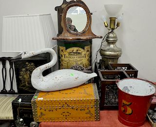 Group of eleven decorative items to include Thomas Cobbet hamper, two waste baskets, lift top box, hanging cabinet, two lamps