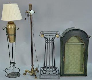 Group of four items to include two floor lamps, lighted hanging cabinet (ht. 39in.), and an iron pedestal.