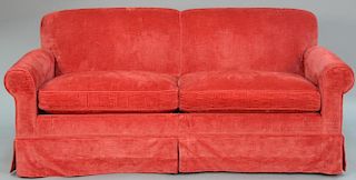 Avery Boardman LTd red upholstered sleeper sofa having spring down cushions and steel weave bed mechanism. lg. 72in.