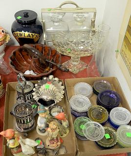 Group lot to include tantalus with 2 crystal bottles, four hummels, silverplate, cake mold, Bewley's jar, footed crystal bowl