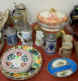 Group lot with Royal Crown Derby tureen, six steins including a lithophane stein, and several dishes.