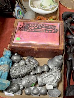 Two box lots to include eleven antique lead chocolate or ice cream molds, Edward Winter enameled plaque, Schoenberg? enameled
