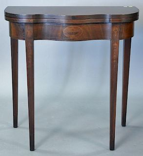 Small mahogany inlaid game table. ht. 32in., wd. 30in., dp. 15in.