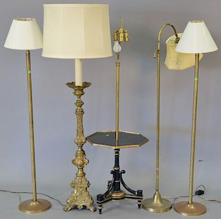 Five brass floor lamps. ht. of pair 57in.
