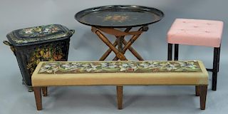 Four piece group to include painted coal hod, tole tray, and two stools. tray: 24" x 29 1/2"
