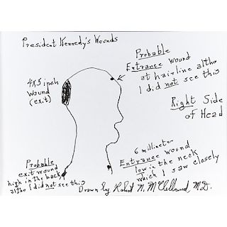 President Kennedy's Wounds, Hand-Drawn Diagram Described and Signed by Dr. Robert McClelland of Parkland Hospital, Dallas