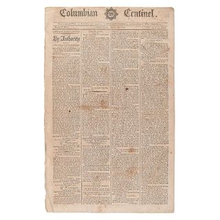 Columbian Centinel, June 1792, with Front Page Printing of “An Act to Provide for a Copper Coinage”
