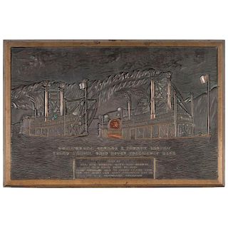 Bronze Plaque After the Currier Print The Great Race on the Mississippi, Commemorating the Steamer Tom Greene's Victory in th