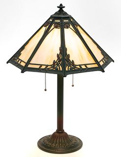 BRADLEY & HUBBARD METAL-OVERLAY SLAG GLASS ELECTRIC TABLE LAMP