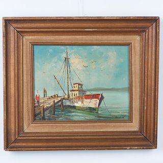 Rossini, Original Oil on Canvas, Fishing Boat Scene, Signed