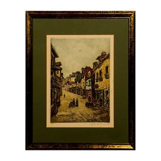 Antique Color Etching on Paper, Viennese Street, Signed
