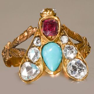 ANTIQUE RUBY DIAMOND AND TURQUOISE FLY RING