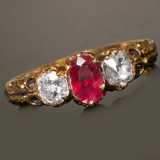 ANTIQUE RUBY AND DIAMOND 3-STONE RING