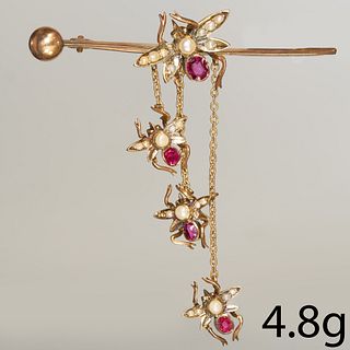 VICTORIAN RUBY AND PEARL FLY BROOCH